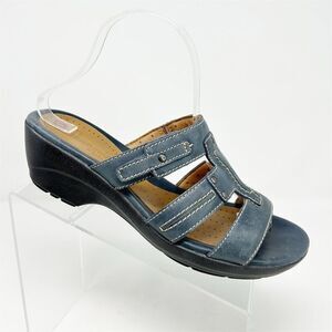 Clarks Unstructured Women's Blue Leather Slip On Wedge Sandals Size 9.5 Comfort